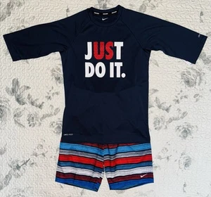 Boys Navy Nike Swim Rash Guard & Striped Swim Trunks Set Sz/ Large (14-16) - Picture 1 of 9