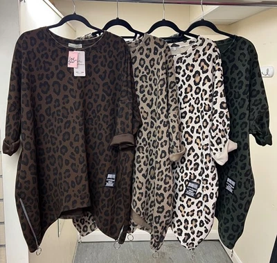Ladies Animal Print Leopard Oversized Scuba Fabric Pocket Top Side Zips - Image 1 of 4