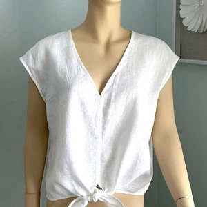 SAGE The Label cropped linen v neck sleeveless tie front white top women's L - Picture 1 of 7