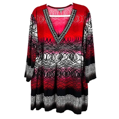 Essentials Liquid Knit V-Neck Tunic Top Women's 4X Red Abstract Metal Embellish - Image 1 of 4