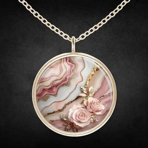Halskette Kette Mit Anhänger Damen Mädchen Gold Rosen Rosa Marmor Edelstahl - Bild 1 von 4