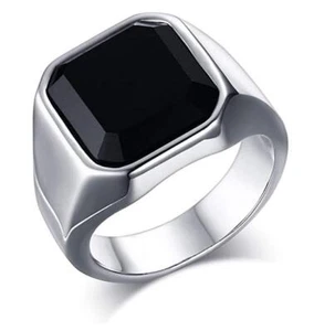 Men's Black Onyx Rings Stainless Steel Square Agate Signet Ring Band Size 7-12 - Picture 1 of 5