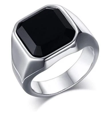 Men's Black Onyx Rings Stainless Steel Square Agate Signet Ring Band Size 7-12 - Image 1 of 4