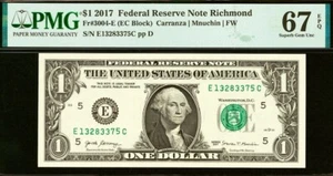 2017 $1 Federal Reserve Note PMG 67EPQ - Richmond Fr 3004-E - Picture 1 of 2