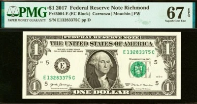2017 $1 Federal Reserve Note PMG 67EPQ - Richmond Fr 3004-E - Image 1 of 2