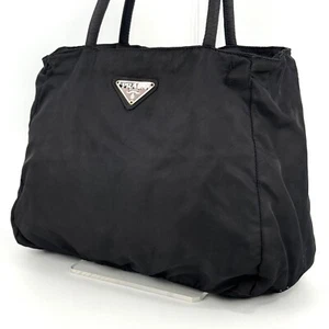 Prada Nylon Tote Bag Triangular Plate Hand Black Authentic - Picture 1 of 24