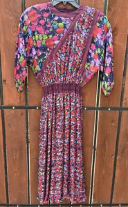 Vintage Diane Freis Georgette Dress blue red floral geo pleated 3/4 sleeve - Picture 1 of 7