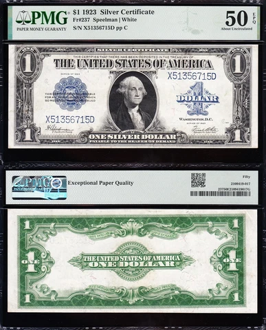 Awesome Crisp HIGH GRADE 1923 $1 Silver Certificate! FREE SHIP! PMG 50 EPQ! Cover
