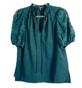 Top Express manica corta a sbuffo scollo a V tessuto floreale verde acqua XSmall - Foto 1 di 5
