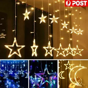 Star Moon LED Fairy String Curtain Lights Eid Mubarak Ramadan Decorations 8 Mode - Picture 1 of 33