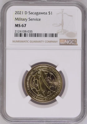 :2021 D $1 SACAGAWEA DOS PLUMAS SERVICIO MILITAR EXCELENTE BU NGC MS67 RAREZA R5 Foto 1 de 2