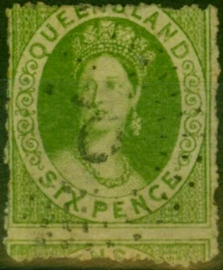 Queensland 1865 6d Yellow-Green SG47 Fine Used (2) - Picture 1 of 1