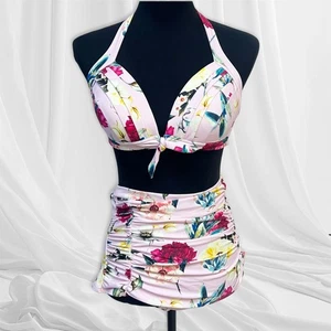 Einzigartiges Vintage 2-teiliges passendes Blumen Bademode Set Neckholder Oberteil hoch geschnittenes Unterteil XL - Bild 1 von 11