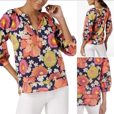 Trina Turk Floral Print Peasant Blouse Tunic Top Orange Flowers MSRP $258 Size?? - Изображение 1 из 4