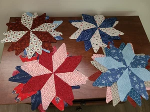 SET Of 16 STAR SHAPE QUILT BLOCKS 8 Point RED BLUE CREAM AMERICANA 11" - Picture 1 of 3
