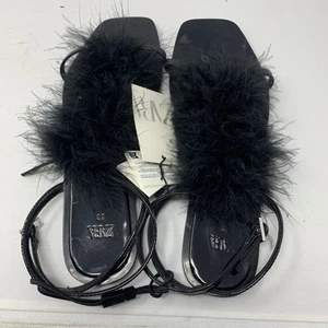Zara Feather Flat Sandals Women's US 8 Black Leather Adjustable Ankle Strap NWT - Picture 1 of 7