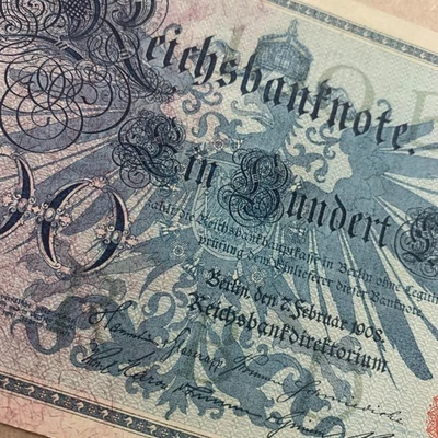 Billete Reichsbanknote alemania de 100 marcos de la Primera Guerra Mundial Berlín sello rojo 1908 Dinero Foto 1 de 4
