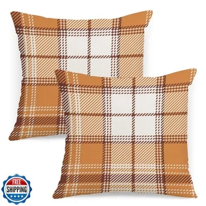 Fall Plaid Pillow Covers 18x18 Set of 2 Orange Beige Check Tartan Gingham Aut - Picture 1 of 5