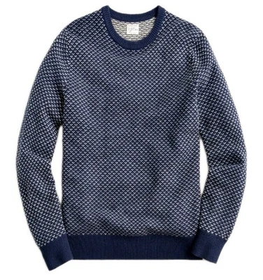 J Crew Rugged Merino Wool Sweater Men M Navy Birds Eye Knit Preppy Crewneck Ski - Image 1 of 4