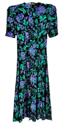 Maxi Vestido Vintage Negro Azul Multi Floral Cuello Volantes Romántico Grunge Talla S/M Foto 1 de 4