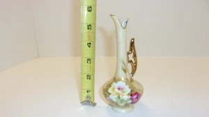 Vintage Lefton Japan Miniature Bud Vase with Pink Roses and Gold Handle - Label - Picture 1 of 4