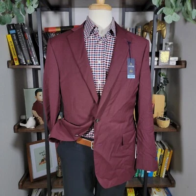 Blazer Stafford Hombre Hopsack Dos Botones Plateados Borgoña Mezcla Lana Clásico 44R Foto 1 de 4