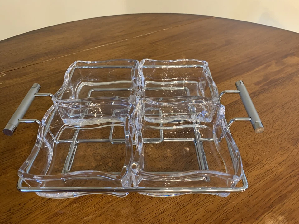 Mod Wave Square Appetizer / Snack Serving Dish Tray Set Glass & Chrome - Image 1 of 4