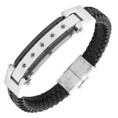 Pulsera de acero inoxidable y cuero negro para hombre con piedra circonita Foto 1 de 3