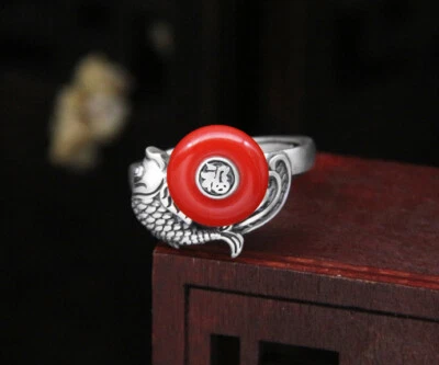 B25 Anello Pesce con Rosso Agata Argento Fine 990 Regolabile - Immagine 1 di 4