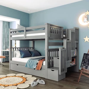 Full Over Full Bunk Bed with Shelves /Staircase/ Storage Drawers Gray  Bedroom - Picture 1 of 13