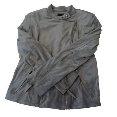 Adrienne Vittadini Soft Faux Suede Moto Jacket Gray Full Zip Womens Size Large - Image 1 of 4