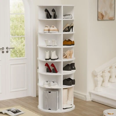 Rotating Shoe Rack Tower 7 Tier Organizer, Revolving 360 White Shoe Rack Storage - Image 1 of 4