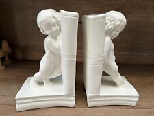 Pair of Alabaster Bookends c.1930 White Cherubs Children Books Antique