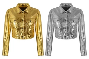 Ladies Metallic Leather Slim Fit Biker Cropped Short Body Denim Style Jacket - Picture 1 of 10