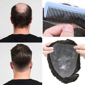 Mens Human Hair Replacement System BIO Thin Poly Skin Toupee Free Fast Shipping - Picture 1 of 40