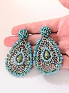 Preciosos Pendientes Boho Playaños Tejidos a Mano Cristal Aqua Ovalados Colgantes 2.75" - Imagen 1 de 8