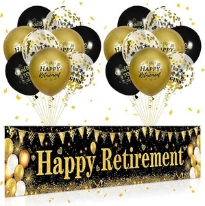 Retirement Party Decorations Black Gold Happy Retirement Banner and 18pcs Hap... - Picture 1 of 2