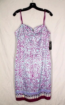 NWT NICOLE MILLER Purple/Teal Batik Satin GATHERED BUST Party SLIP DRESS Sz 10 - Image 1 of 4