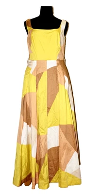$179 DONNA KARAN Long Lime-Yellow, Tan, & White Cotton Sundress US 4 - Image 1 of 4