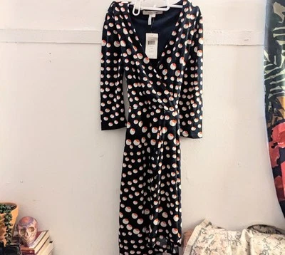 Vestido Max & Cleo Azul Marino Bokeh Lunares Envolvente - Retro Mod Swing XS NUEVO Foto 1 de 4