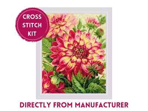 RIOLIS Counted Cross Stitch Kit 1968 Dahlias- Pink Flowers and Green Leaves - Picture 1 of 12