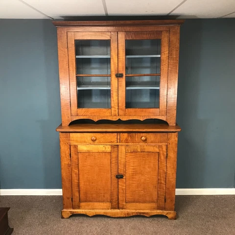 Fine 19th C. Tiger Maple Stepback 2 Part Cupboard Cover