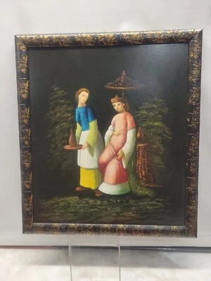Antique Early 20th Century Chinese Nobleman & Serving Girl Oil Painting On Panel - Image 1 of 4