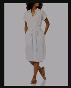 White Beach Dress, Relaxed Fit, Short Sleeve Button Front Shirt Dress(S) - Picture 1 of 16