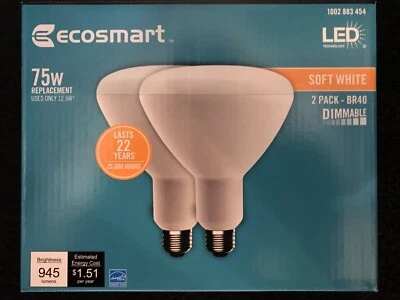 EcoSmart Led 75 Watt Flood Replacement Bulb Dimmable Indoor Soft White BR40- 2pk - Image 1 of 3