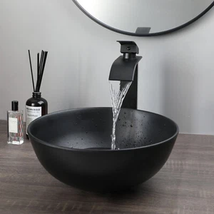 13"Artificial Stone Wash Basin Round Sink Black Bathroom Sink Mixer Faucet ﻿ - Picture 1 of 8