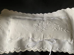 Antique Bolster Pillow white linen with solid embroidery , flowers, leaves - Picture 1 of 6