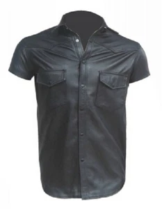 Mens Leather shirt Black Leather shirt for men Genuine Leather shirt Half Sleeve - Picture 1 of 3