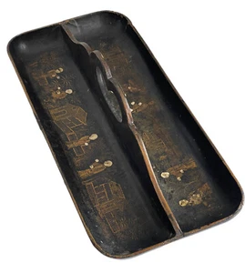 Antique Old Chinoiserie Asian Paper Papier Mache Divided Serving Tray Oriental - Picture 1 of 12