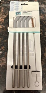 Wellness Reusable Stainless Steel Straw 4 pc Set Silicone Tips and Brush NEW - Picture 1 of 2
